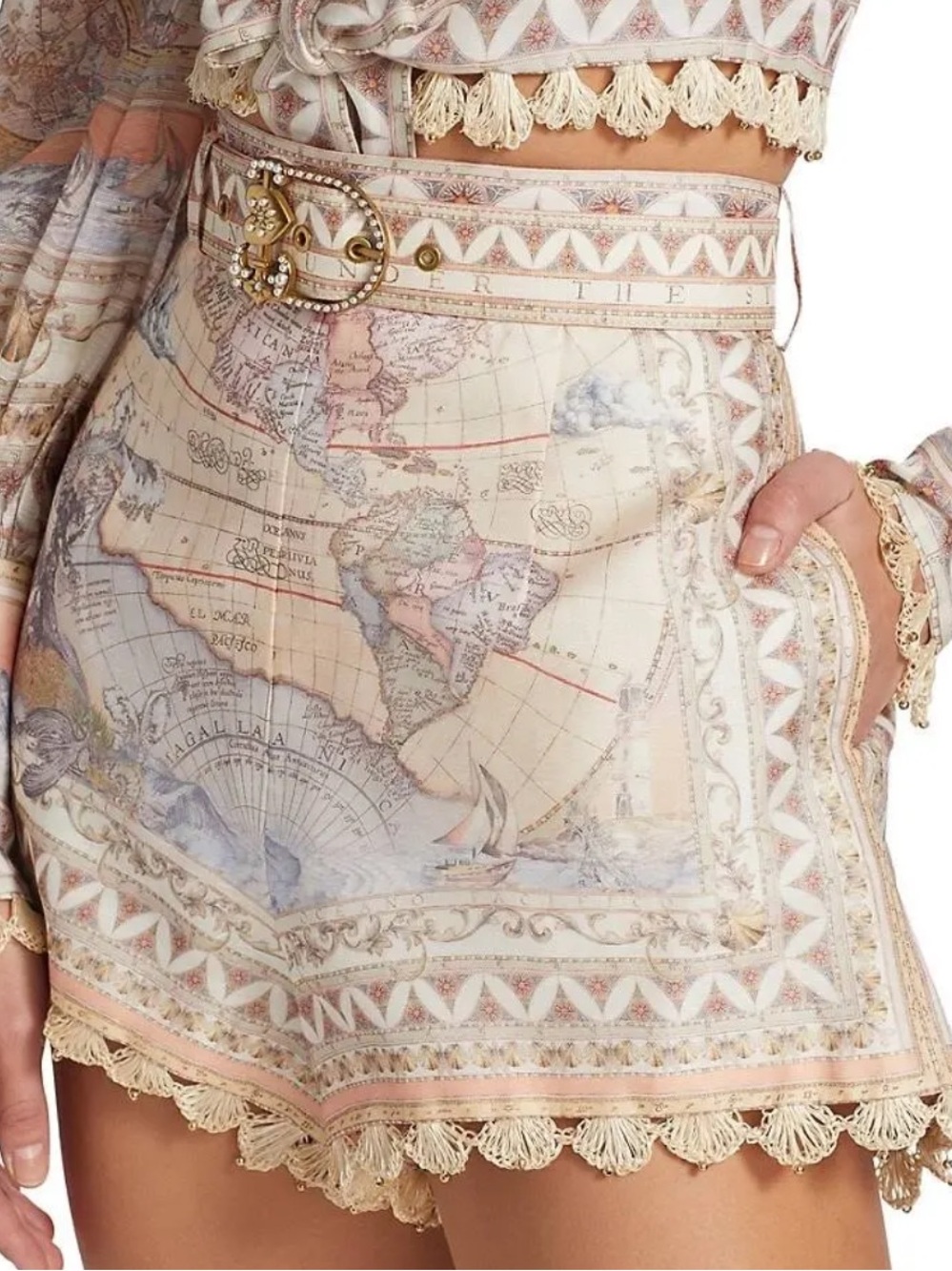 Cream Map-Print High Waist Shorts with Fringe